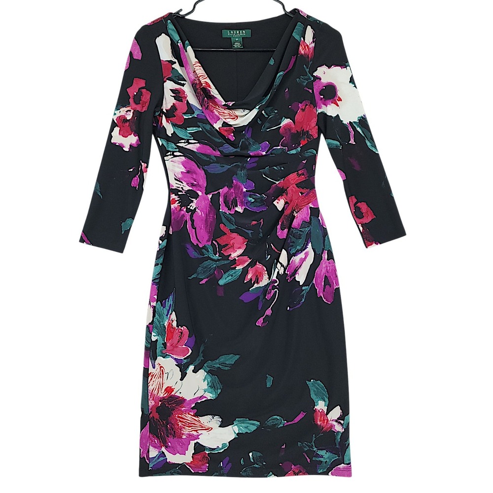 Lauren Ralph Lauren Ruched Dress 2P Black Pink Floral Cowl Neck Feminine Romance